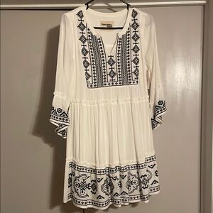 Savannah Jane White Dress with Navy Embroidery